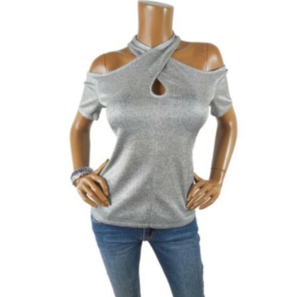INC International Concepts Tops - INC Top M NWT Silver X-Neck Shirt Stretch Short Sleeves Party Club Blouse